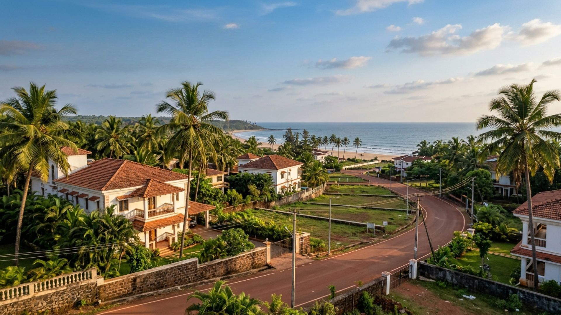 Coastal villas, palm trees and a beachside road in Goa, representing popular locations to buy property in Goa.