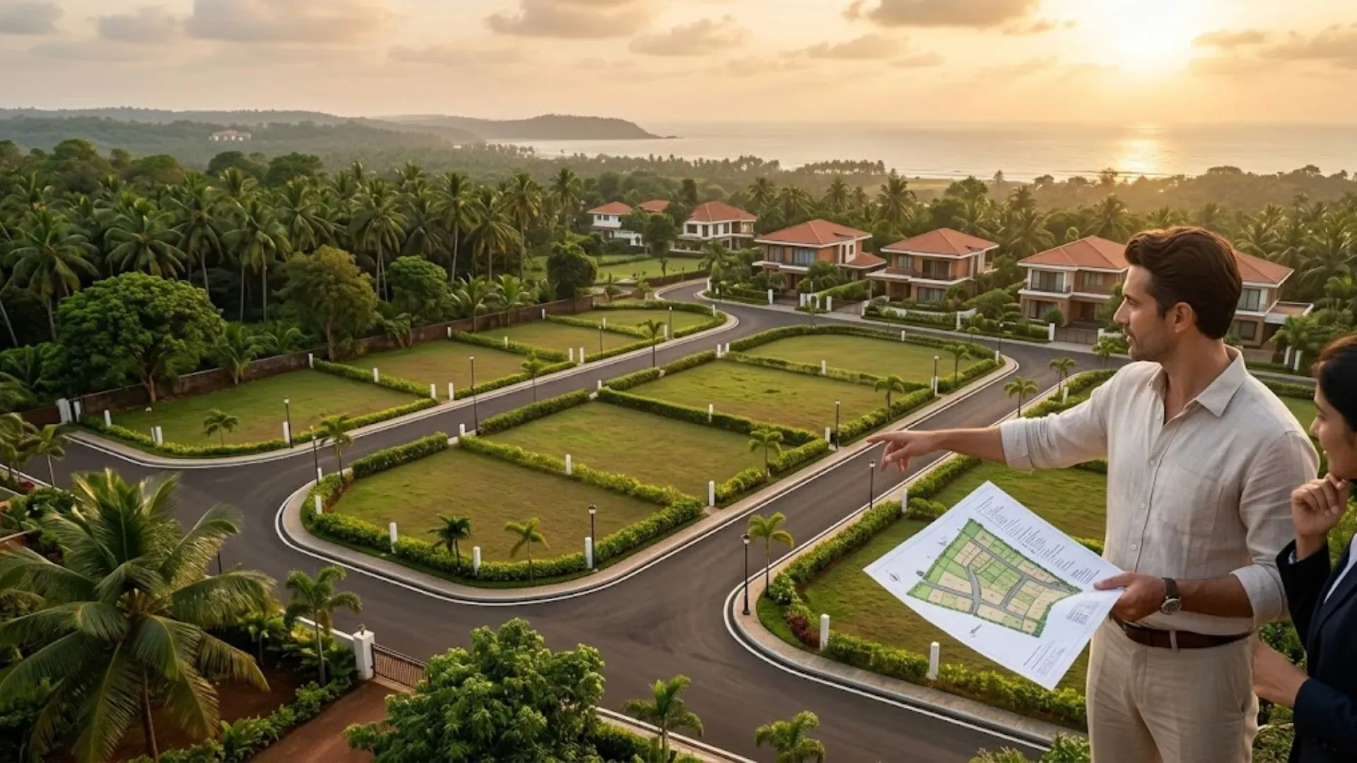Buyers reviewing a plotted development layout in Goa with landscaped plots, internal roads and villas at sunset
