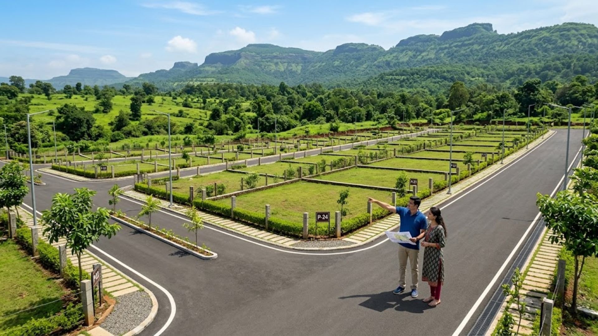Buyers reviewing a plotted development in Neral with internal roads, marked plots and green hills, highlighting what to check before shortlisting land.