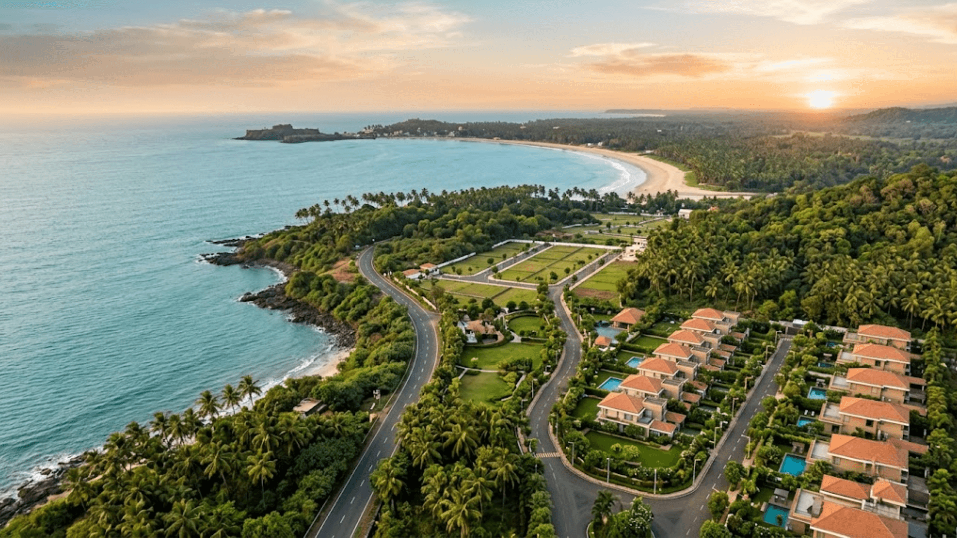 Aerial view of a coastal real estate development with plotted land, luxury villas, greenery and beachfront surroundings