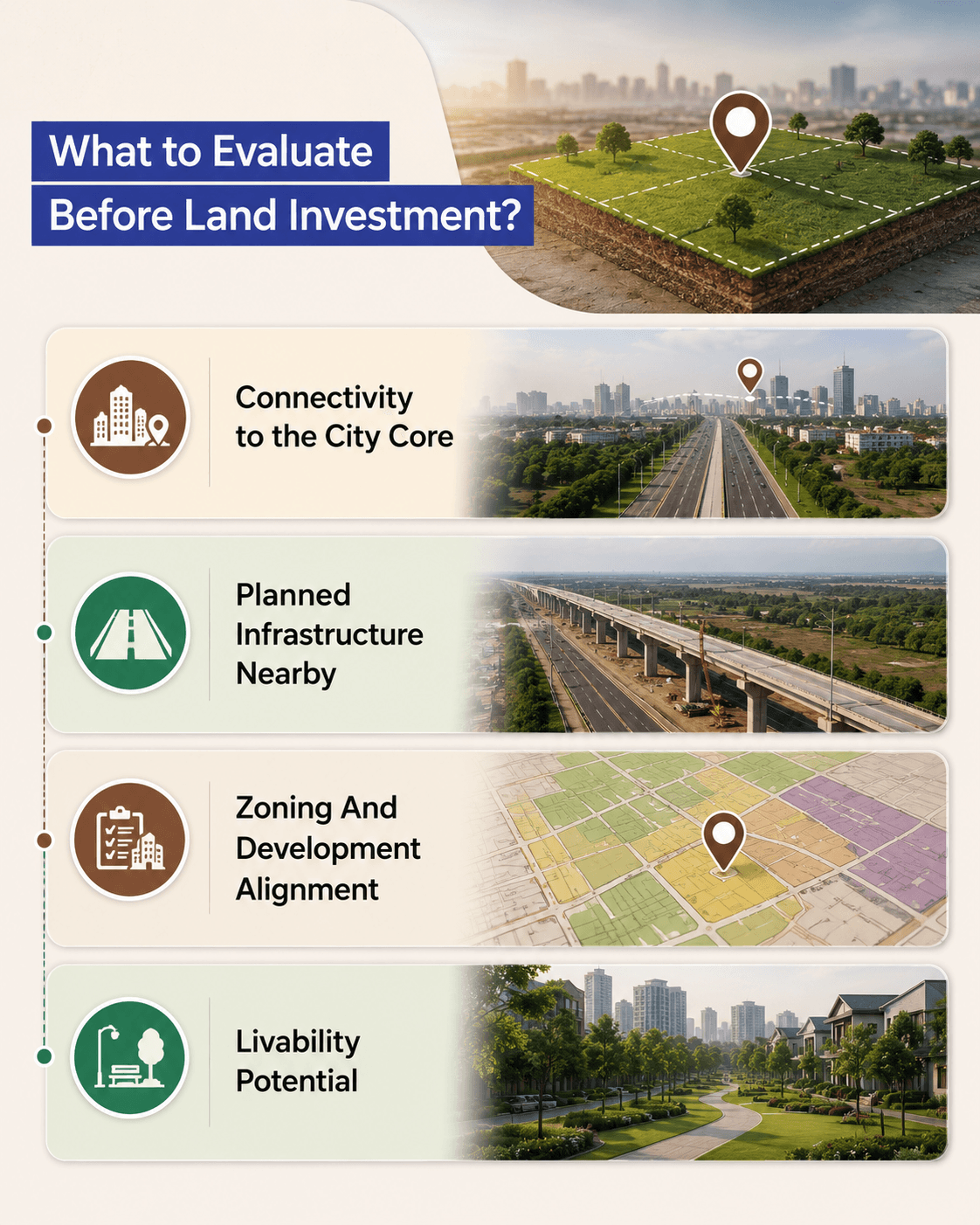 Key factors to evaluate before land investment including connectivity, infrastructure, zoning and livability