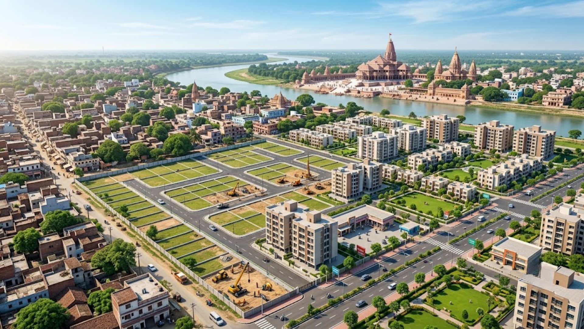Aerial view of Ayodhya showing new residential developments, plotted land, modern infrastructure and temples near the Sarayu River.