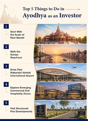 Top 5 things to do in Ayodhya as an investor, including Ram Mandir, Sarayu Riverfront, Maharishi Valmiki International Airport, commercial zones and plotted developments